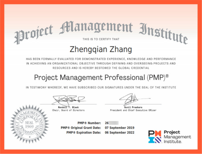 南京PMP培训班学员张正迁PMP证书